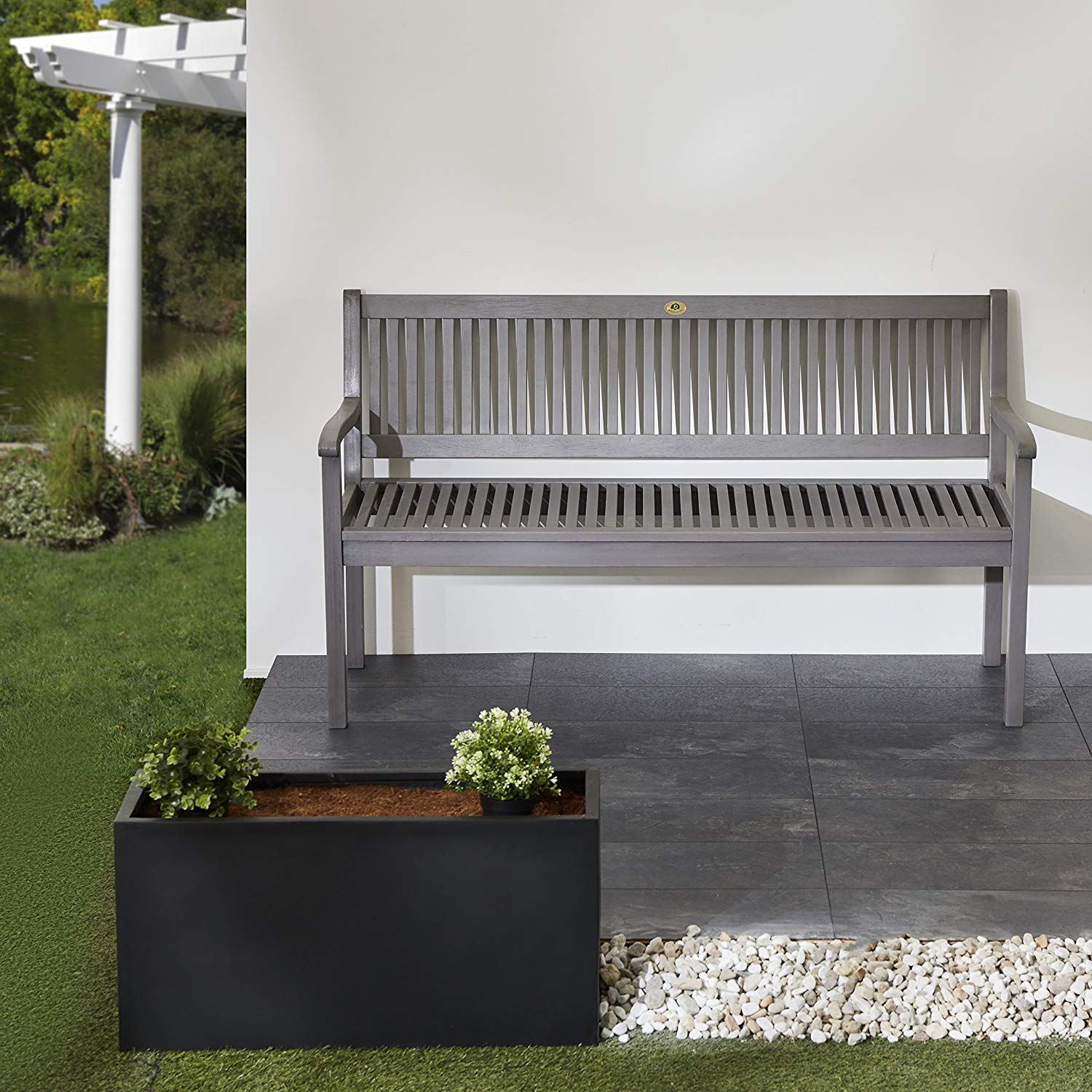 Banco de jardín Ultranatura Canberra Series de 3 plazas - Madera de eucalipto con clase y alta calidad con certificación FSC - 60 x 26 x 34 pulgadas (152 x 66 x 86 cm), gris
