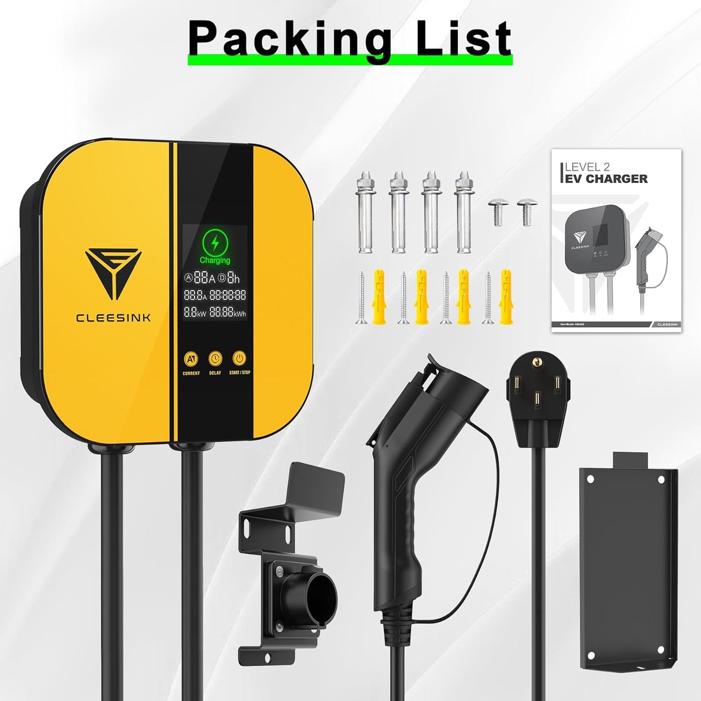 CLEESINK Cargador EV de nivel 2, estación de carga de vehículos eléctricos para interiores y exteriores, 40 A 240 V, NEMA 14-50, cable de 23 pies con certificación UL. 4-2687602YL