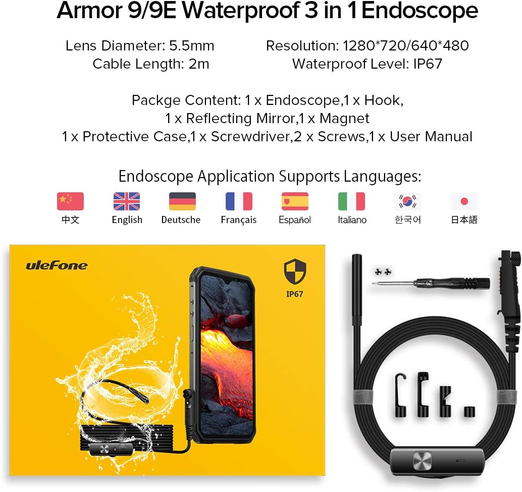 Ulefone Endoscopio impermeable IP67 para Ulefone Power Armor serie 18/19, Armor 13/16 Pro/21/24 teléfonos resistentes, 2M semirrígido, cámara dual de boroscopio de 0.217 in, 7 luces LED