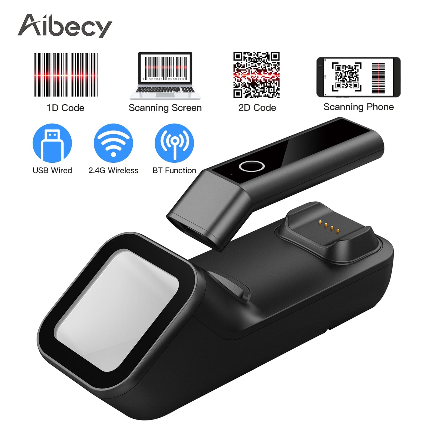 Aibecy 3-in-1 Barcode Scanner Handheld 1d/2d/qr Bar Code Reader Bt 2.4g Wireless Usb Wired Connection