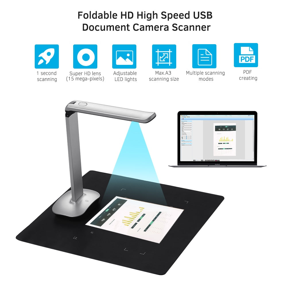Aibecy Foldable High Speed USB Book Document Scanner 15mp A3 & amp; A4 Scanning LED Light AI Technology