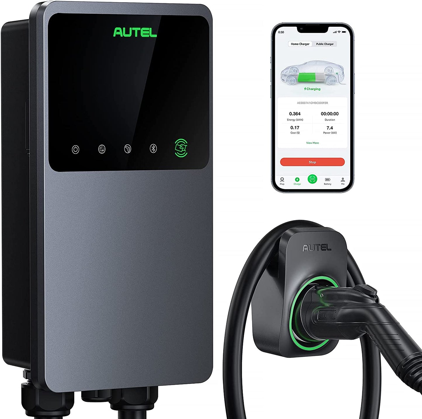 Autel MaxiCharger Cargador para vehículos eléctricos (EV), hasta 40 amperios, 240 V, nivel 2 WiFi y Bluetooth