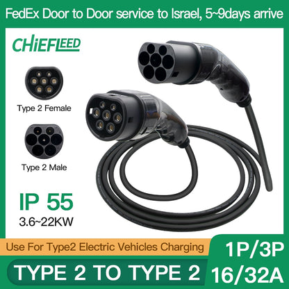 Chiefleed Cable de carga EV de 16A/32A, tipo 2, 22kW, 3,5, 4m, tipo 2a tipo 2, trifásico, 200V 450V, uso para carga de vehículos eléctricos tipo 2| |
