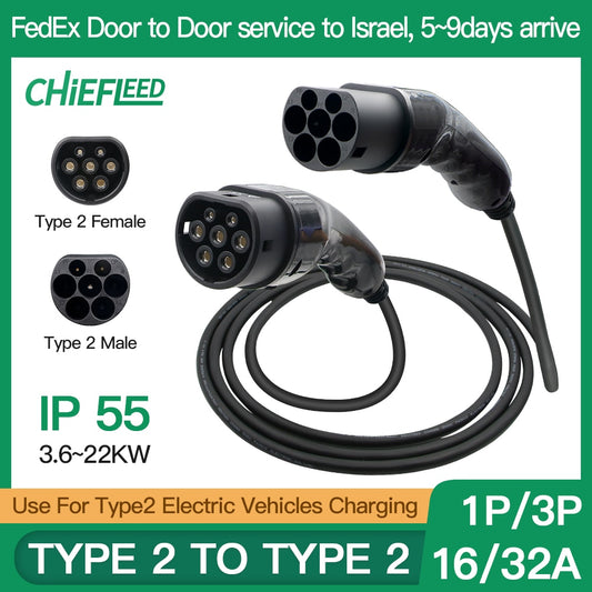 Chiefleed Cable de carga EV de 16A/32A, tipo 2, 22kW, 3,5, 4m, tipo 2a tipo 2, trifásico, 200V 450V, uso para carga de vehículos eléctricos tipo 2| |