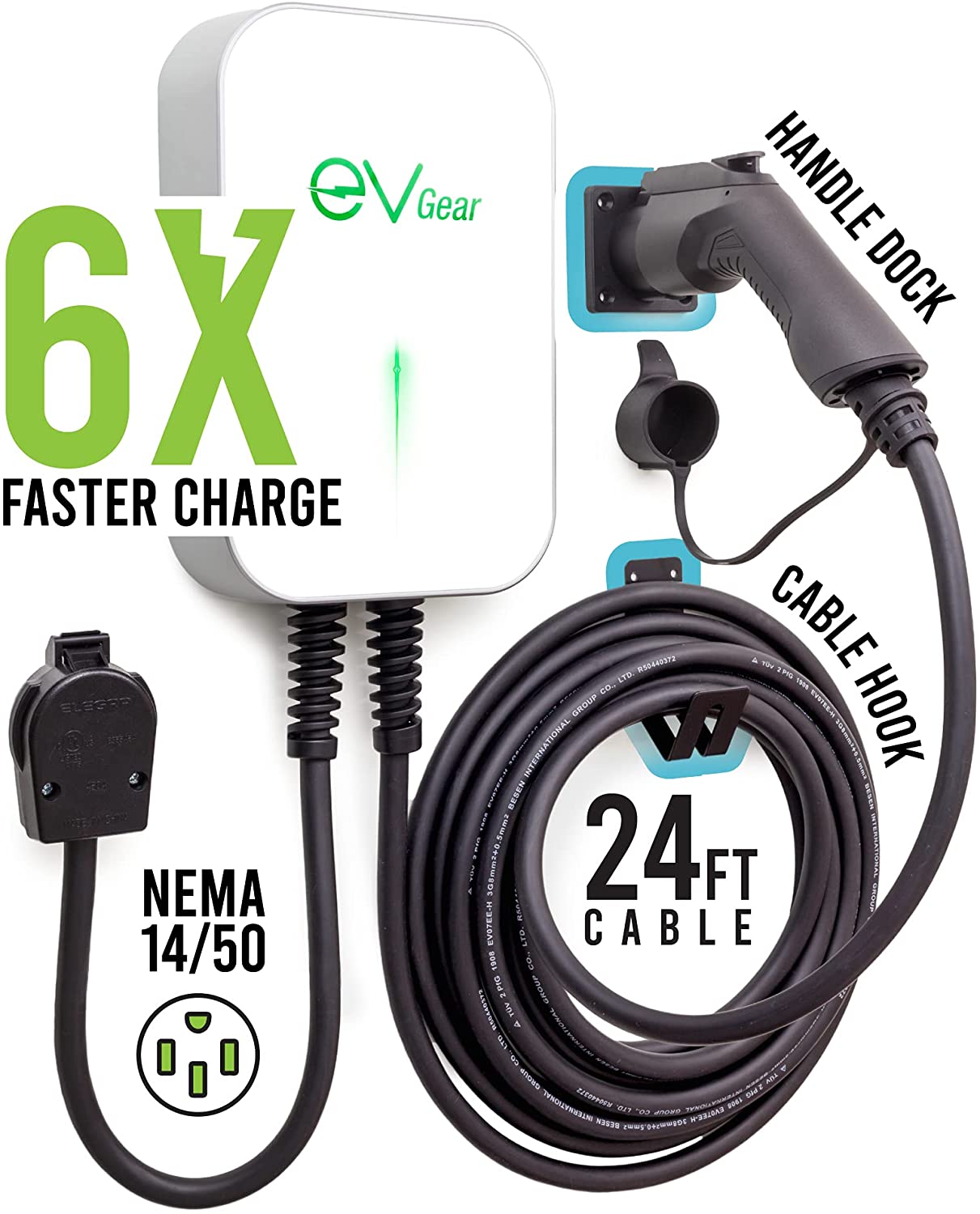 EV Gear Level 2 Cargador de vehiculo electrico 40AMP 240v, 25Ft de Cable, NEMA 14-50 Wall Plug