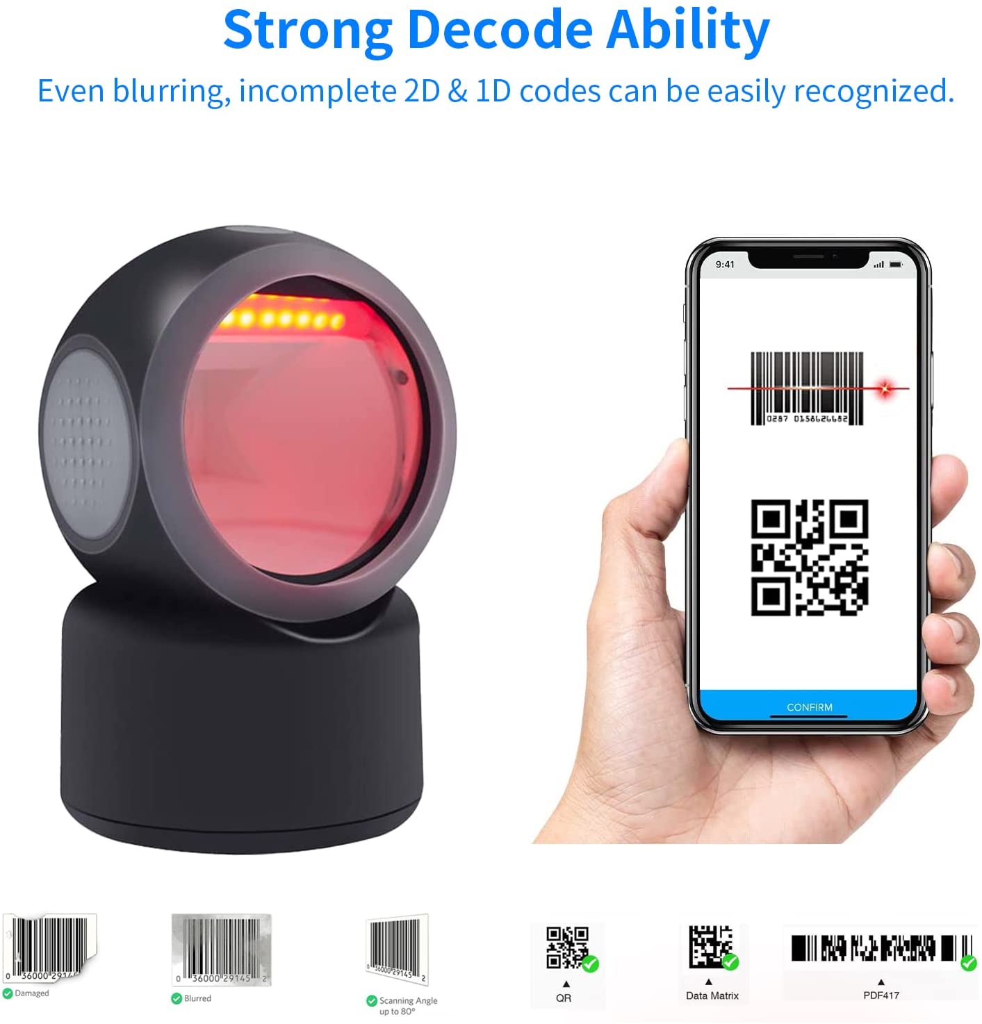 Escáner de código de barras de escritorio Alacrity 2D 1D QR, lector de código de barras con cable USB manos libres omnidireccional 3300DW