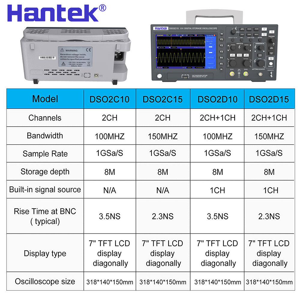 Hantek Digital Oscilloscope Usb Dso2c10 2c15 2d10 2d15 2 Channels 100mhz/150mhz Lcd Portable Storage Osciloscopio - Oscilloscopes