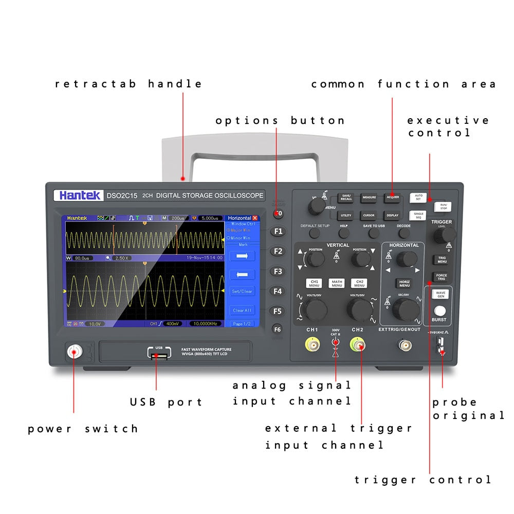 Hantek Digital Oscilloscope Usb Dso2c10 2c15 2d10 2d15 2 Channels 100mhz/150mhz Lcd Portable Storage Osciloscopio - Oscilloscopes