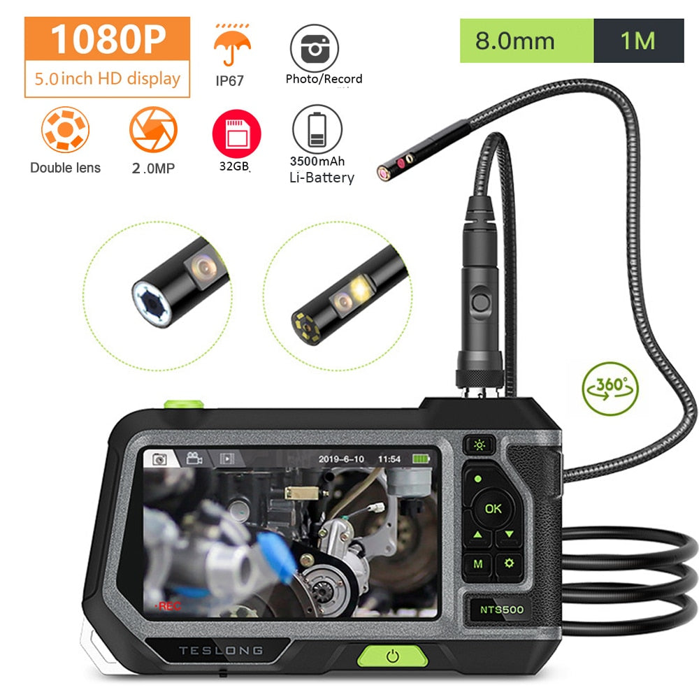 Endoscopio Industrial NTS500 5,0 con pantalla LCD de 8mm, doble lente, cámara IP67, 1080P, tubo HD, boroscopio de inspección para coche, rotación de 32GB y 360