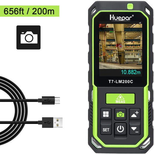 Huepar Medidor de distancia láser con cámara de zoom 2X/4X 200m de alta precisión recargable láser medido M/In/Ft con 17 modos de medición LM200C