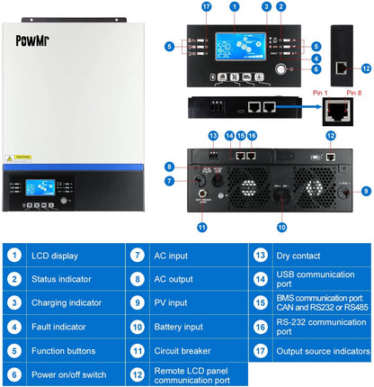 PowMr Inversor híbrido de 5000 W, 48 V CC a 220 V/230 V CA con controlador de carga MPPT de 80 A para batería de plomo-ácido y litio