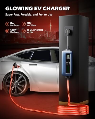 Orion Motor Tech Cargador EV de Nivel 2, Cargador EV Iluminado con Enchufe NEMA 14-50, Cargador EV J1772 Portátil Brillante de 110-240 V con 25 pies. Cable de Carga 16-40A Cargador de Coche Eléctrico