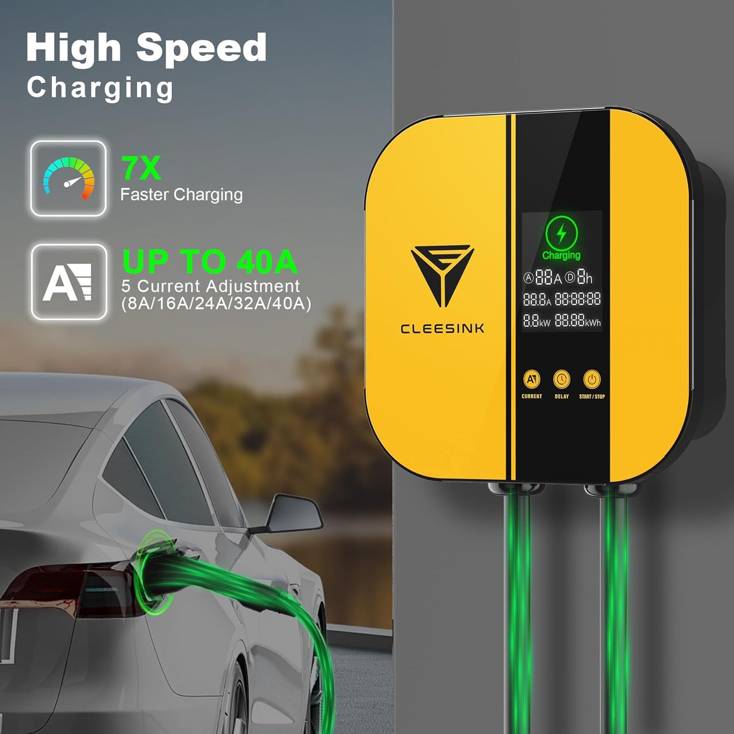 CLEESINK Cargador EV de nivel 2, estación de carga de vehículos eléctricos para interiores y exteriores, 40 A 240 V, NEMA 14-50, cable de 23 pies con certificación UL. 4-2687602YL
