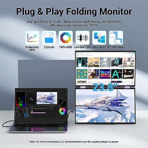 InnoView Extensor de pantalla para computadora portátil 15.6 "Monitores duales apilados plegable triple monitor (Wins/Mac) 1080P 120% sRGB ΔE<2 Monitor portátil triple para portátil 90°/180° rotación automática