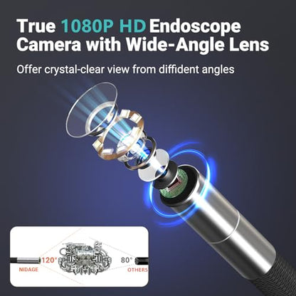 Boroscopio articulado de pantalla IPS de 7 pulgadas con luz, cámara de inspección de endoscopio NIDAGE de 0.24 pulgadas con cámara de serpiente articulada bidireccional, alcance flexible de fibra