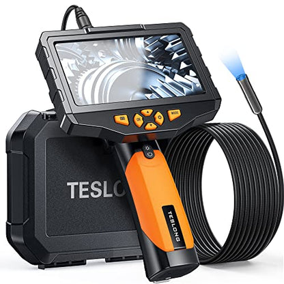 Teslong NTS300 - Cámara de inspección 5MP endoscopio con pantalla de 4.5 pulgadas y doble lente a 1080p con vidrio templado, endoscopio industrial de tubo semirrígido resistente al agua, batería de 2600mAh y tarjeta TF de 32GB