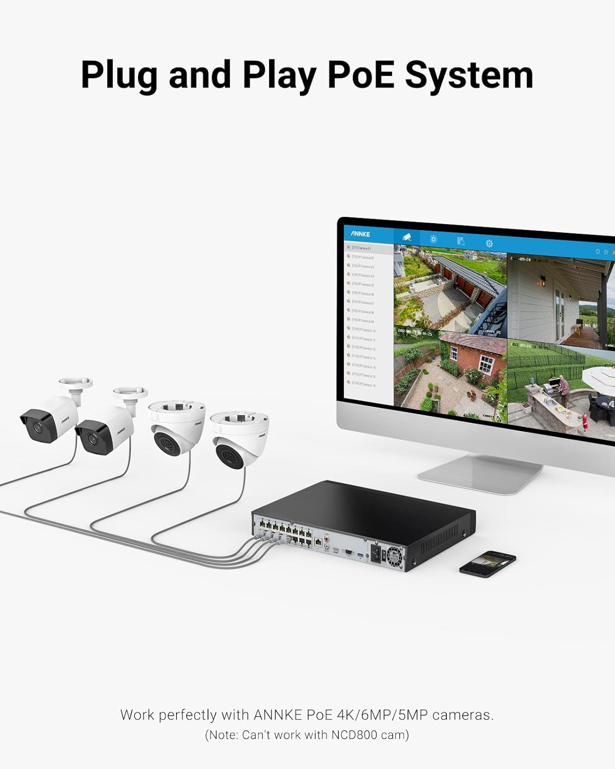 ANNKE NVR PoE 4K de 16 canales con disco duro de 2 TB, grabadora de video de red de seguridad para el hogar Ultra HD compatible con cámaras IP ANNKE PoE de 4K/8MP/5MP/6MP/4MP, grabación de vigilancia 24/7