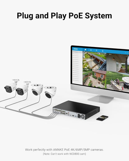 ANNKE NVR PoE 4K de 16 canales con disco duro de 2 TB, grabadora de video de red de seguridad para el hogar Ultra HD compatible con cámaras IP ANNKE PoE de 4K/8MP/5MP/6MP/4MP, grabación de vigilancia 24/7