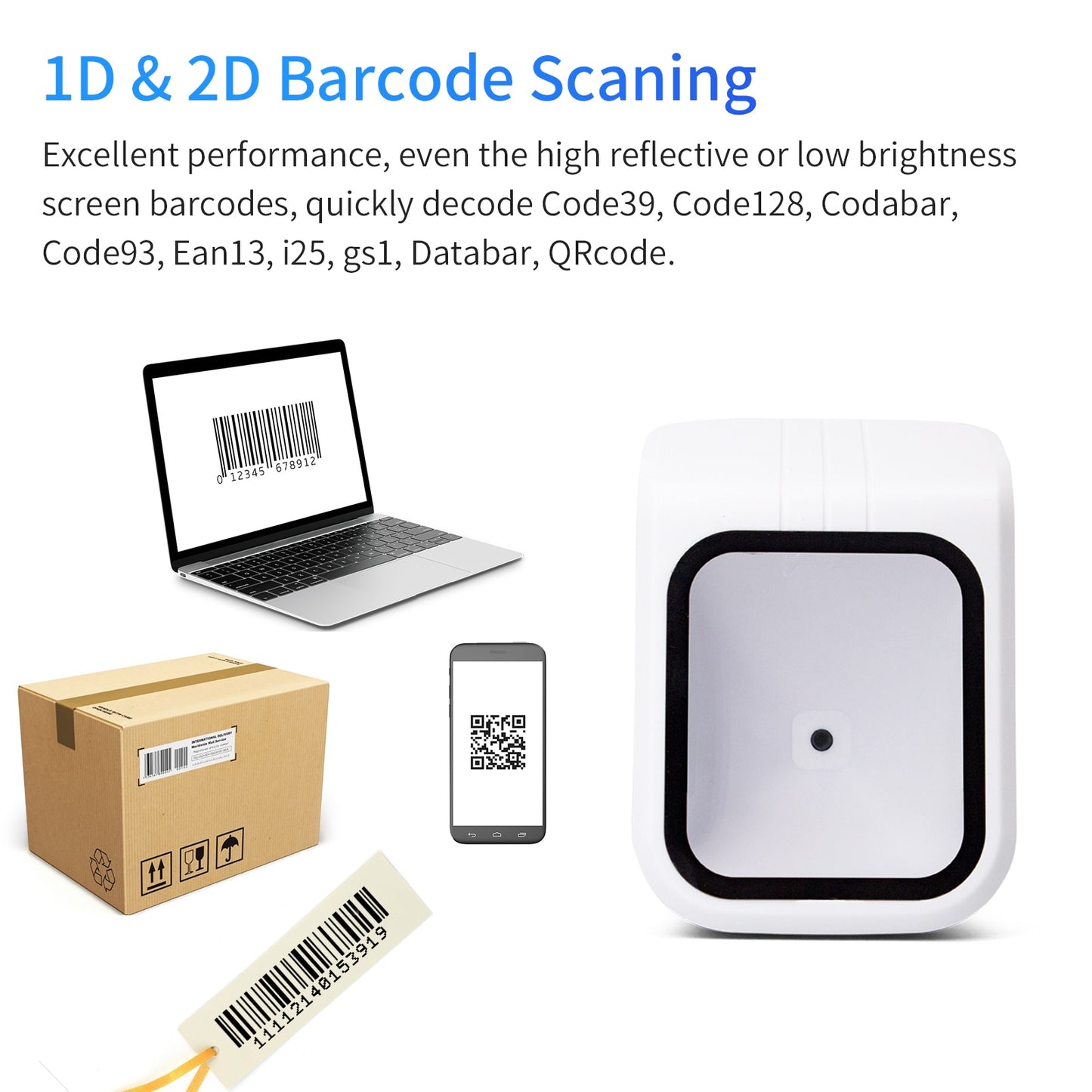 1D 2D QR Barcode Scanner Platform with Voice Announcement Prompt USB Reader Hands free CMOS