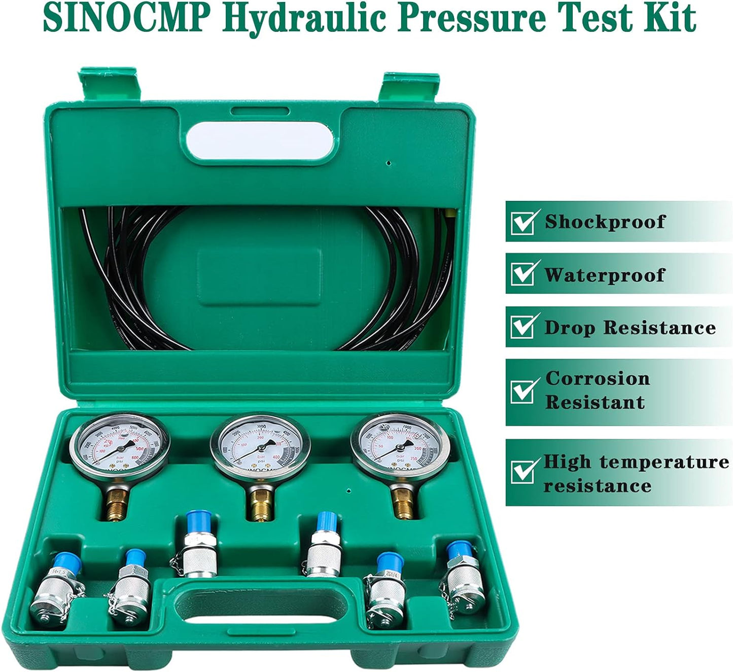 SINOCMP - Kit de manómetro hidráulico de versión actualizada, 25/40/60 MPa 3 manómetro 6 acoplamiento de prueba, 3 mangueras de prueba, 1 estuche de almacenamiento, kit de prueba de presión hidráulica para maquinaria de construcción de excavadoras
