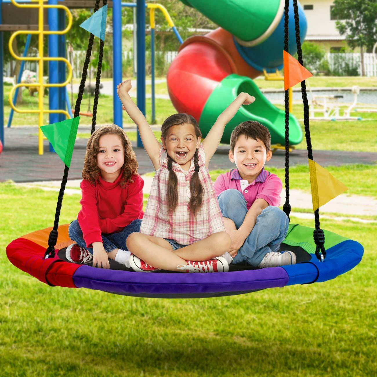 Tree Swing in Multi-Color Rainbow Kids Indoor/Outdoor Round Mat Saucer Swing