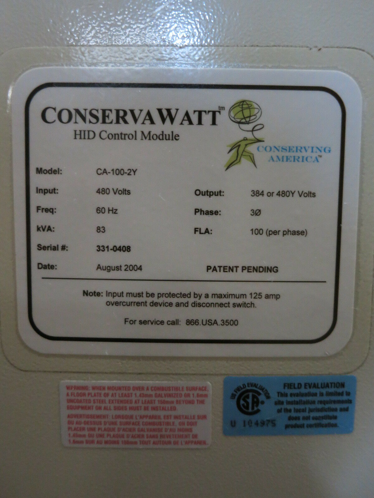 Conserva Watt HID Control Module CA-100-2Y In:480V Out:384 480Y 3PH 83kVA 100FLA