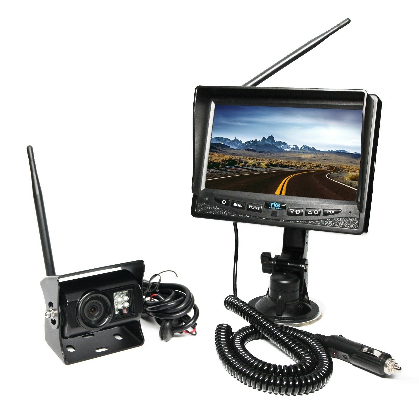 Wireless 7" LCD Split Screen Backup Camera with Cigarette Lighter Plug 130° View