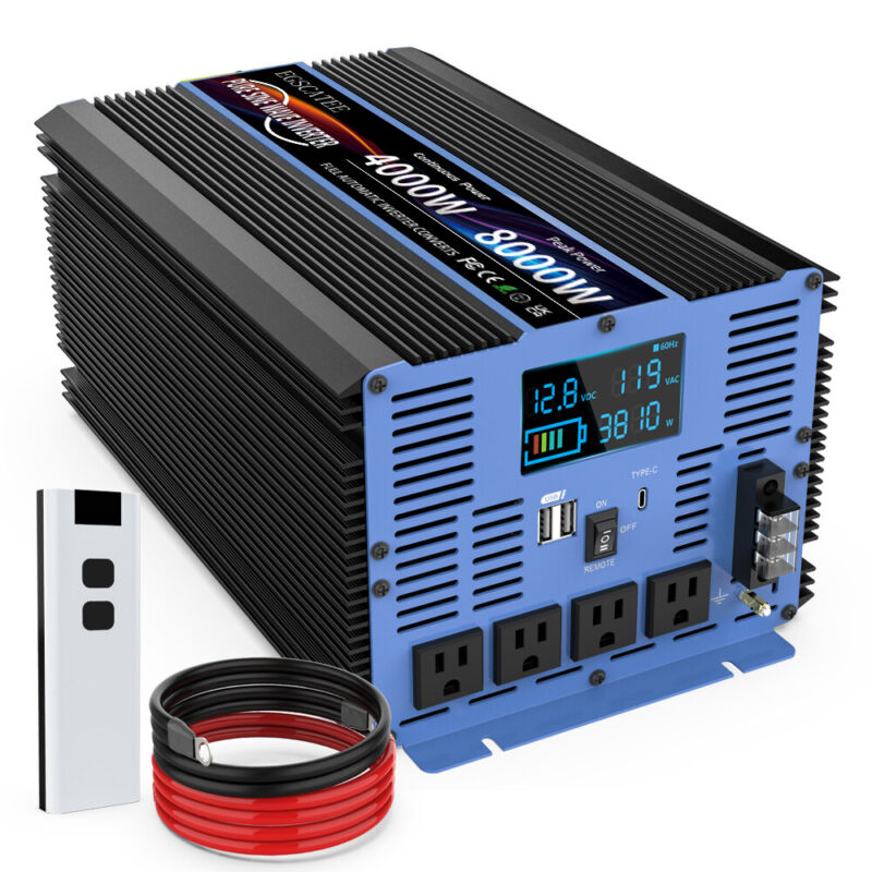 Pure Sine Wave Power Inverter 4000W 8000 Watts 12V to 110V 120V LCD Cable Remote
