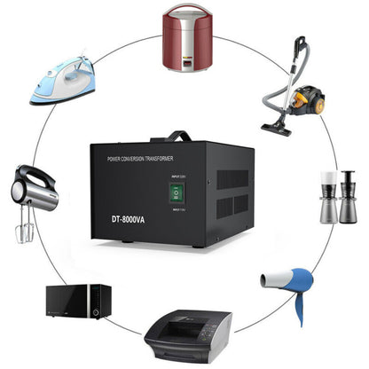 8000W CONVERTIDOR DE VOLTAJE 110v-220v Y 220v-110v - 4 OUTLETS CON AGARRADERA E INTERRUPTOR