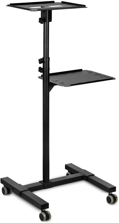 Soporte móvil para proyector y computadora portátil (2 estantes), carro rodante con bandeja ventilada, resistente, carro de presentación para computadora portátil y proyector de altura ajustable, negro