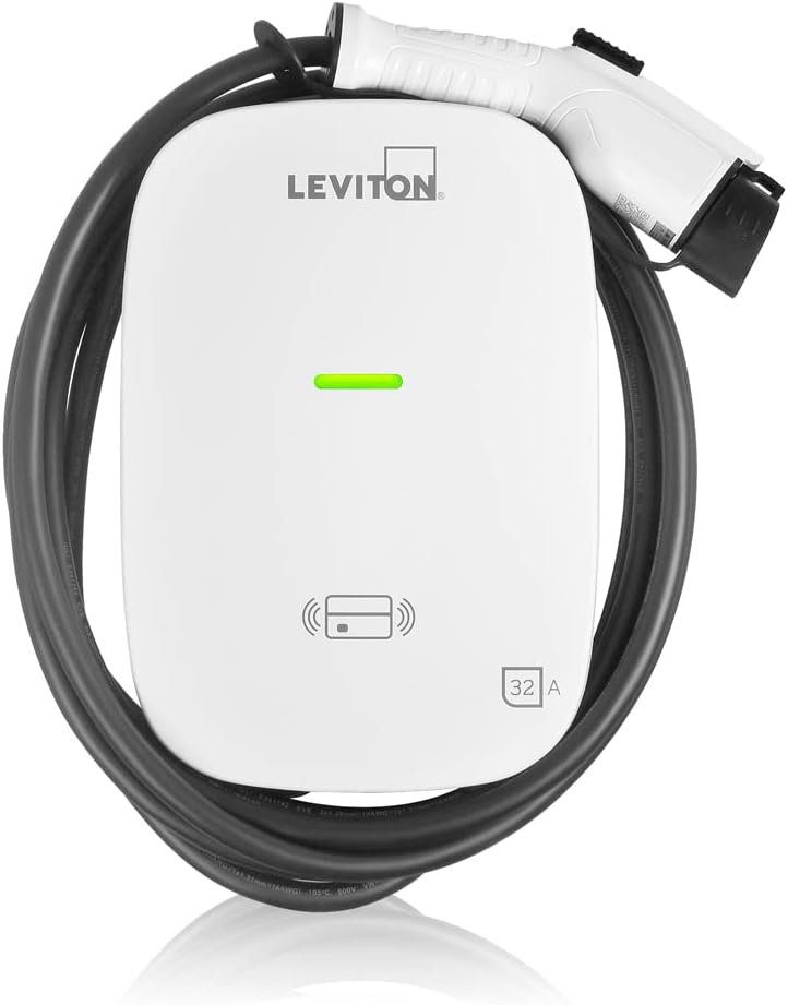 Leviton EV320 Nivel 2 Estación de carga de vehículos eléctricos, 32 amperios, 208/240 VAC, salida de 7.6 kW, cable de carga de 18 pies, cableado EV320-700