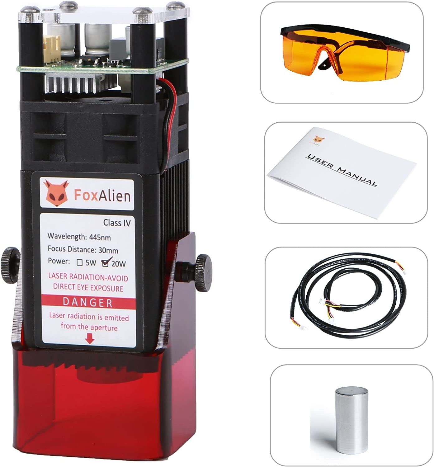 FoxAlien Módulo de grabador de enfoque fijo de 20 W clase 4 450 nm PWM TTL para FoxAlien 3018-SE V2, 4040-XE, LE-4040 CNC máquina de grabado (salida óptica de 5000 mW)
