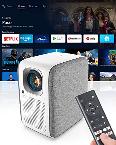 Pokitter Proyector CineMax Pro 1080P con licencia de Netflix, Android TV 10.0 con más de 7000 aplicaciones, 400 lúmenes ANSI, Google Assistant, corrección Keystone 4D, HDR 10, WiFi 2.4G+5G
