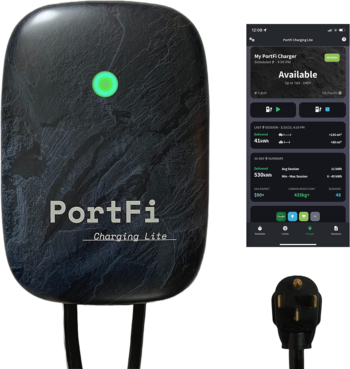 PortFi Estación de carga Smart Level 2 para vehículos eléctricos (EV), certificado de seguridad, interior/exterior, enchufe NEMA 14-50, cargador L2 EVSE/EV (Wi-Fi, 40 A)