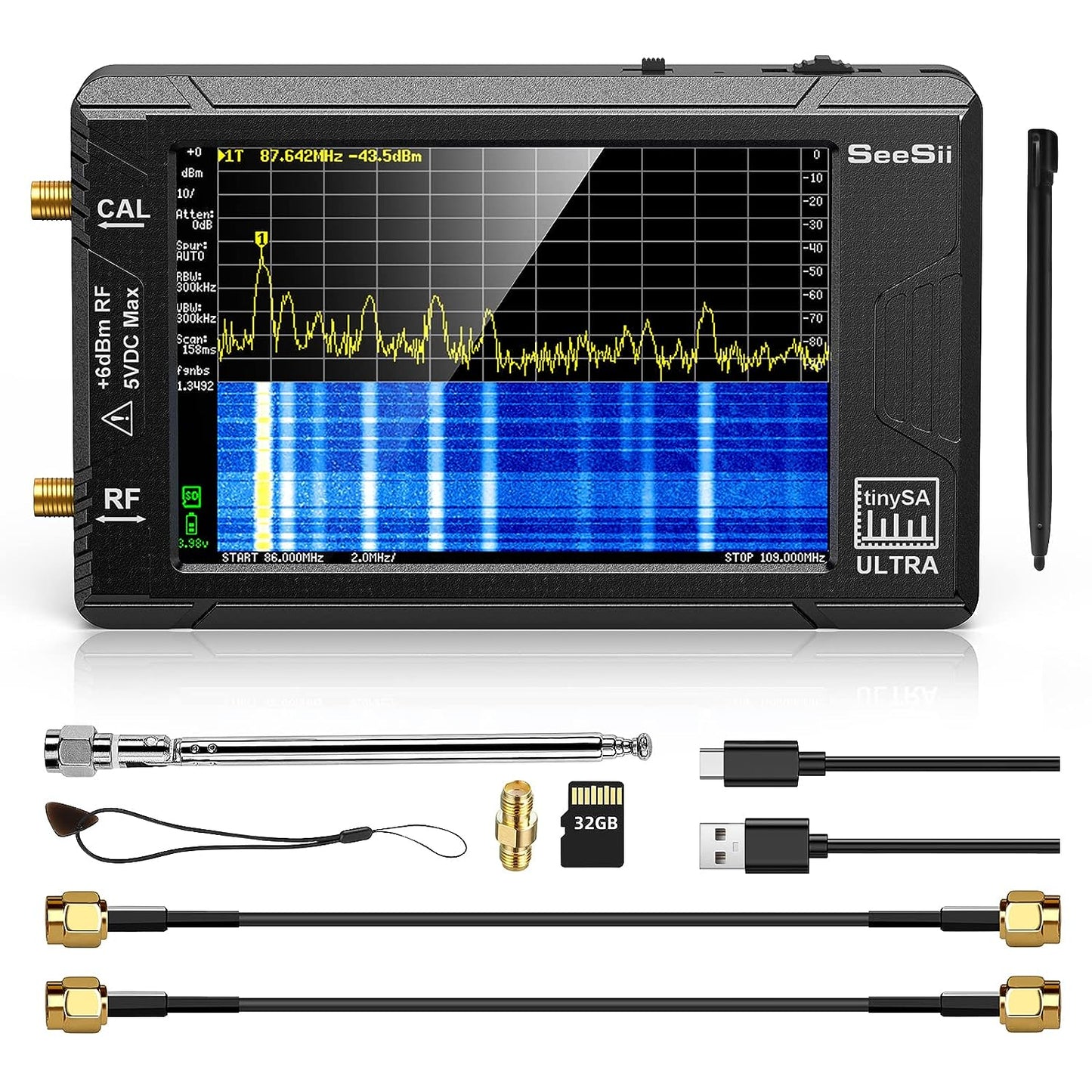 Analizador de ultra espectro TinySA actualizado 2023 con atenuador de 25 W, SeeSii 4.0 pulgadas, 100 kHz a 5.3 GHz, analizador de frecuencia pequeña portátil con tarjeta de 32 GB, entrada UHF de 100 kHz a 800 MHz MF/HF/VHF