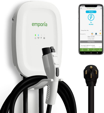 EMPORIA ENERGY Cargador Inteligente para vehículos eléctricos, 48 A, Nivel 2, Energy Star/UL, NEMA 14-50 o Cable Duro, Cable de 25 pies, EVSE para Interiores y Exteriores