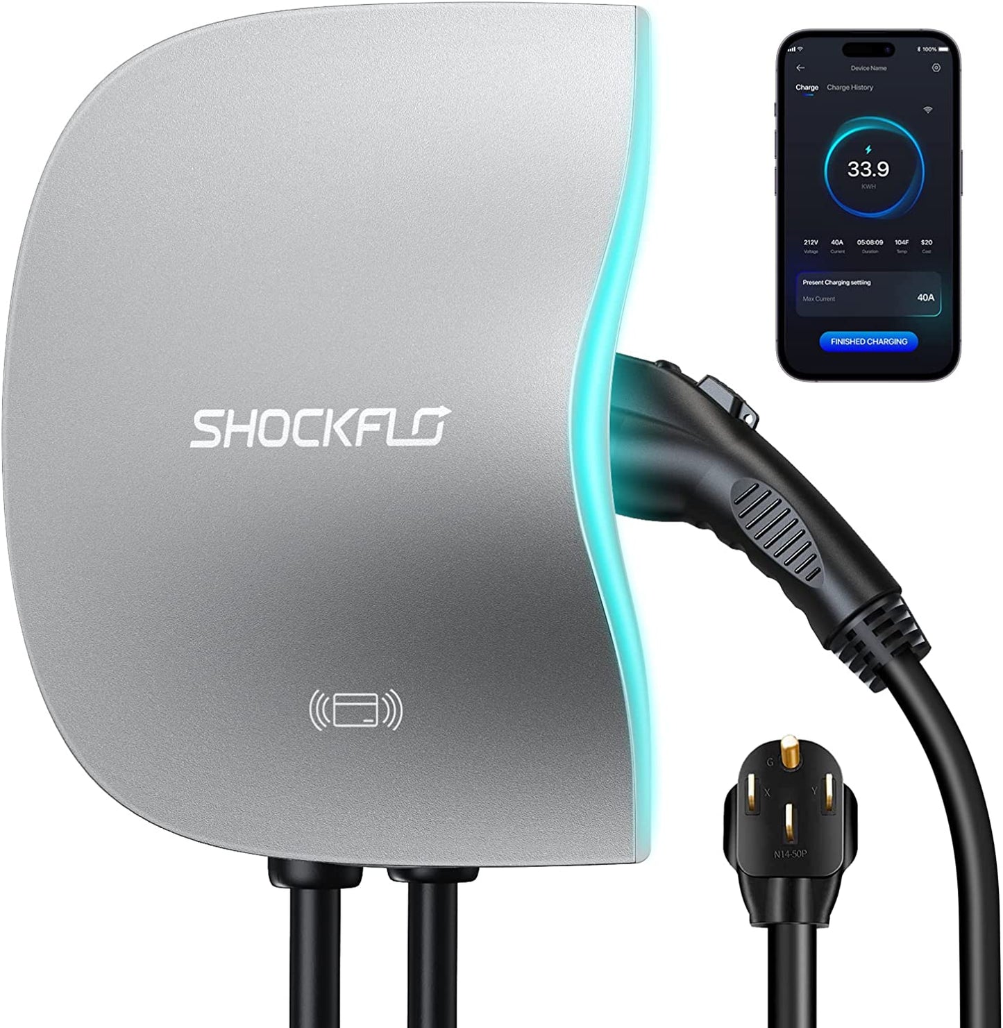 ShockFlo 48A EV Charger, Level 2 Electric Vehicle Charging Station, NEMA 14-50 Plug or Hardwired EV Charging Station, Wi-Fi and Bluetooth Enabled EVSE Indoor/Outdoor Use with 17ft Cable and RFID Card